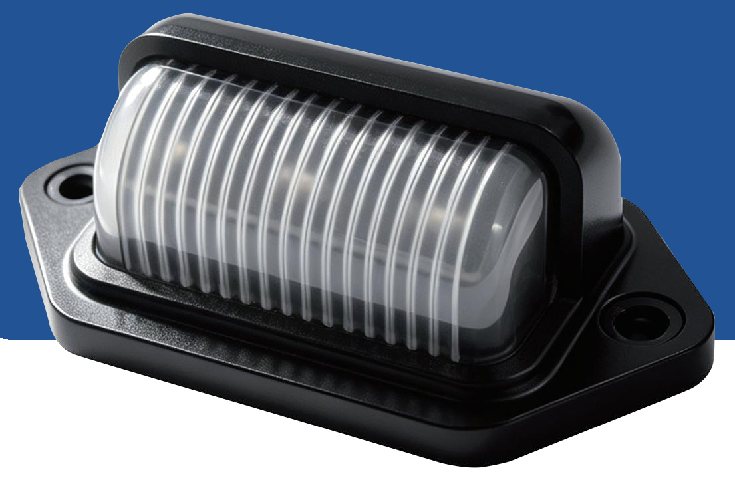 Two inch LED license plate lamp in a black bolt-on housing with clear lens
