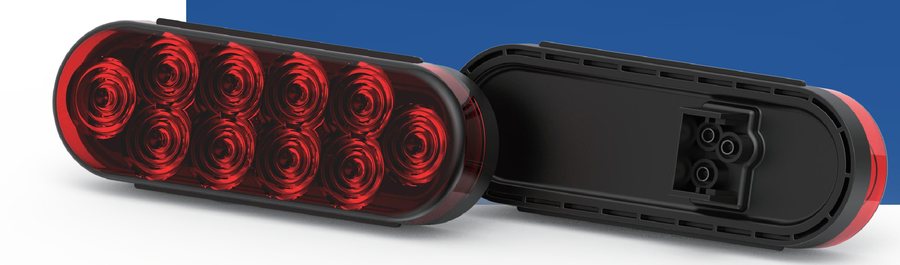 6 inch oval LED stop, turn and tail light shown in red and black housing variants